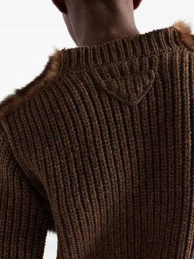 Prada Wool And Shearling Sweater In Brown