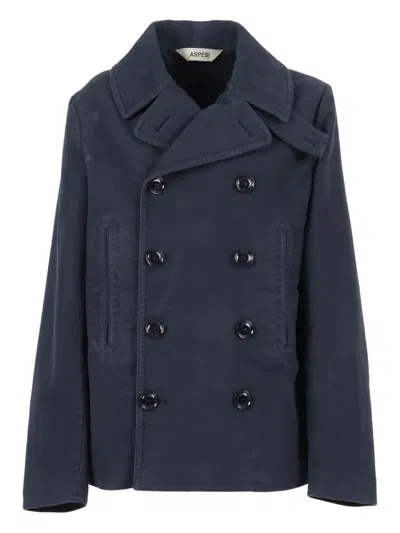 Aspesi Double-breasted Blue Jacket With Wide Lapel In Blue