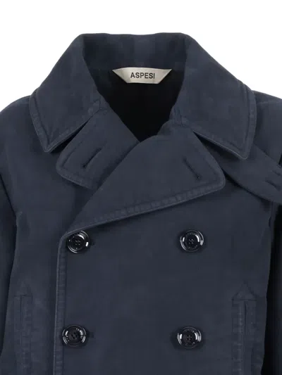 Aspesi Double-breasted Blue Jacket With Wide Lapel In Blue