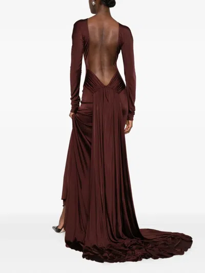 David Koma Floor-length Draped Long Sleeve Dress In Brown