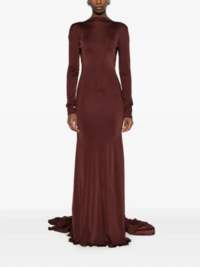 David Koma Floor-length Draped Long Sleeve Dress In Brown