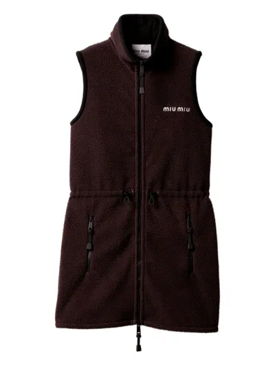 Miu Miu Mini Dress With Drawstring Waist And High Collar In Brown