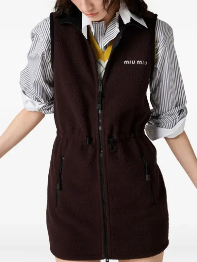Miu Miu Mini Dress With Drawstring Waist And High Collar In Brown