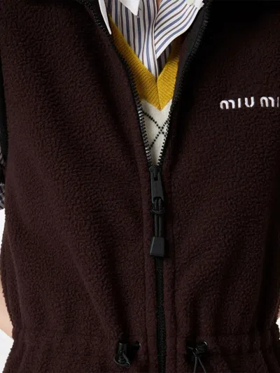 Miu Miu Mini Dress With Drawstring Waist And High Collar In Brown