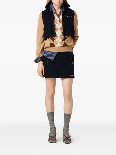 Miu Miu Sleeveless High Collar Drawstring Vest In Blue