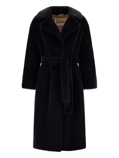 Herno Long Coat With Belted Waist And Notched Lapels In Black
