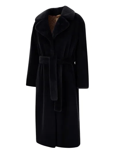 Herno Long Coat With Belted Waist And Notched Lapels In Black