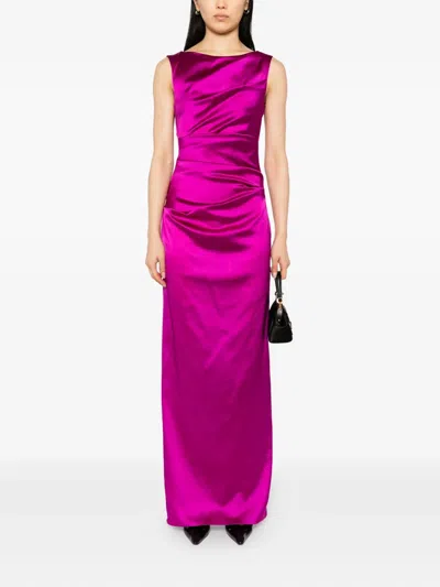 Talbot Runhof Duchesse Satin Ruched Maxi Dress In Pink