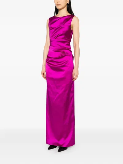 Talbot Runhof Duchesse Satin Ruched Maxi Dress In Pink