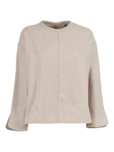 Antonelli Boxy Cropped Top With Three-quarter Flared Sleeves And Central Seam Detail In Neutral