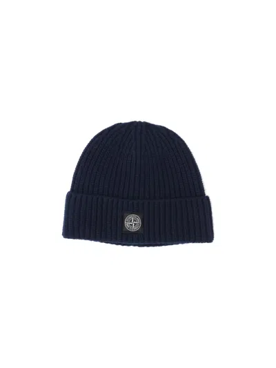 Stone Island Light Wool Knitted Beanie With Compass Patch Accessories In Black