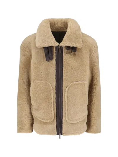 Dsquared2 Beige Shearling Jacket With High Collar In Brown