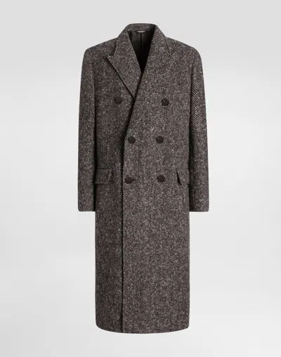 Dolce & Gabbana Double-breasted Herringbone Coat In Black