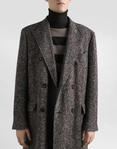 Dolce & Gabbana Double-breasted Herringbone Coat In Black