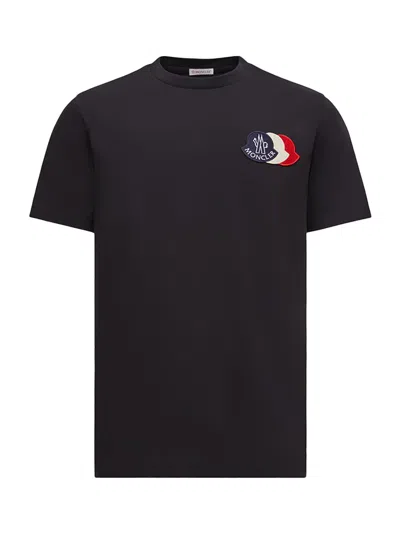 Moncler Blue T-shirt With Embroidered Tricolor Logo In Black