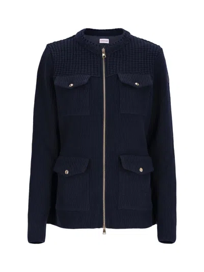 Moncler Wool Zip Cardigan In Blue