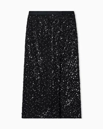 Emporio Armani Midi Skirt With Back Slit And Sequins In Black