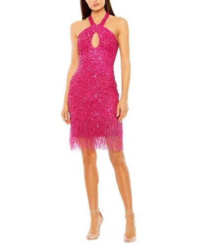 Mac Duggal Cross-front Beaded Mini Dress With Keyhole Detail And Fringe In Pink