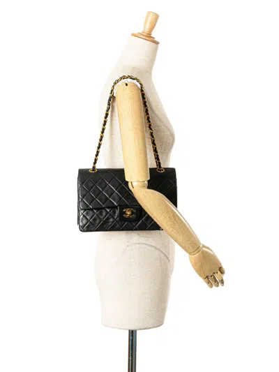 Pre-owned Chanel 1996-1997 Medium Classic Lambskin Double Flap Shoulder Bag In Black