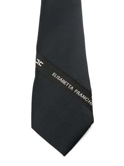 Elisabetta Franchi Black Twill Tie With Logo Ribbon  In Black