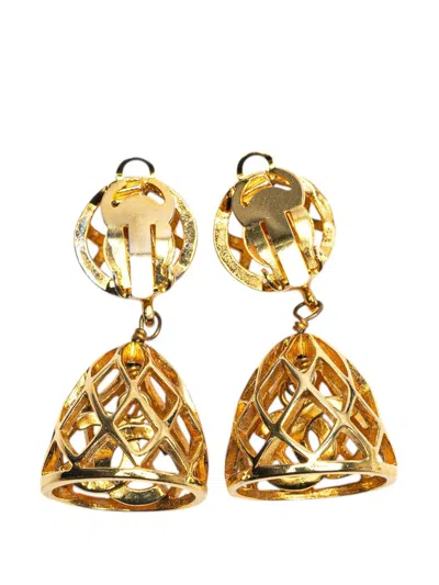 Pre-owned Chanel 20th Century Gold Plated Cc Bird Cage Drop Clip On Earrings Costume Earrings