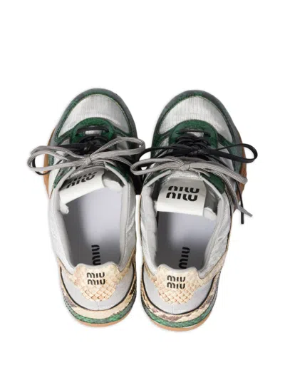 Miu Miu Gymnasium Technical Fabric And Python-print Ayers Leather Sneakers In Green