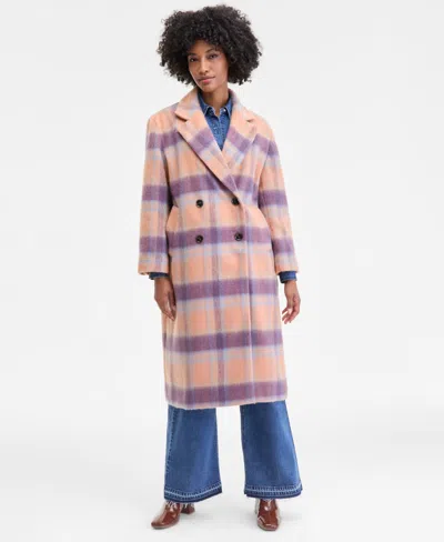 On 34th Womens Brushed Plaid Double Breasted Coat Xxs 4x Macys Exclusive In Pink