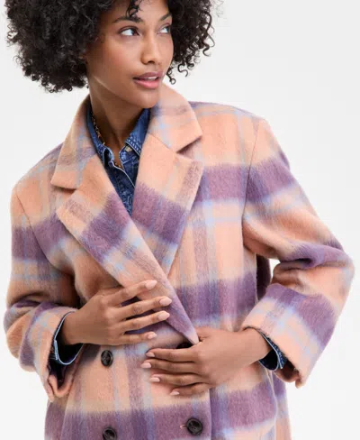 On 34th Womens Brushed Plaid Double Breasted Coat Xxs 4x Macys Exclusive In Pink
