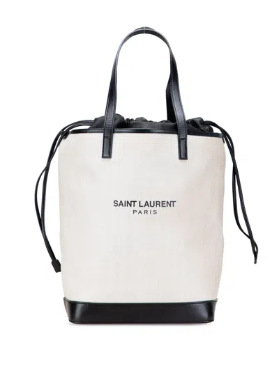 Pre-owned Saint Laurent 2018 Canvas Teddy Drawstring Shopping Tote Bag In White