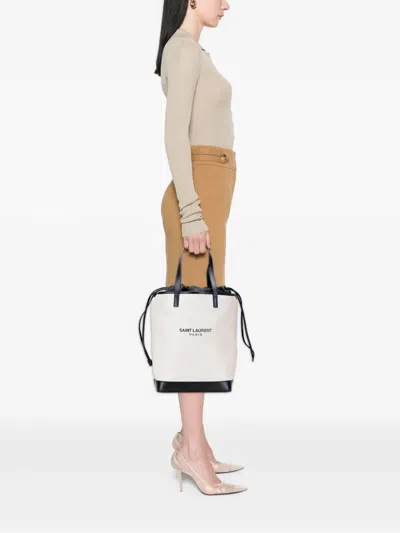 Pre-owned Saint Laurent 2018 Canvas Teddy Drawstring Shopping Tote Bag In White