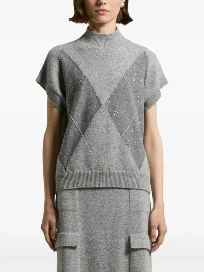 Peserico Lurex Geometric Jacquard Knit Short-sleeve Sweater In Gray