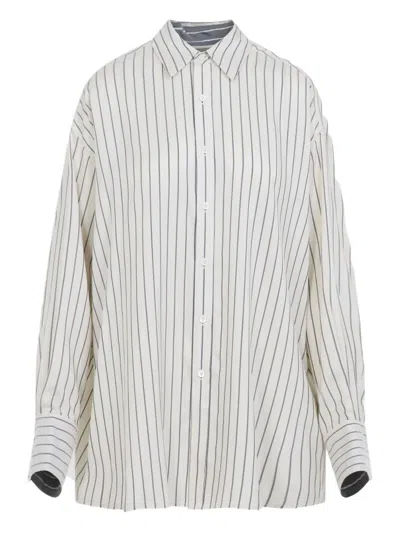 Carven Off-white Silk Shirt With Vertical Grey Stripes And Pointed Collar In Multi
