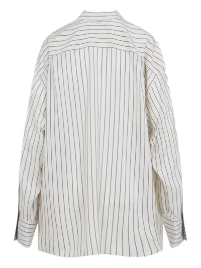 Carven Off-white Silk Shirt With Vertical Grey Stripes And Pointed Collar In Multi