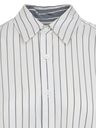 Carven Off-white Silk Shirt With Vertical Grey Stripes And Pointed Collar In Multi