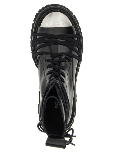 Moschino Glossy Leather Lace-up Boot With Sole In Black