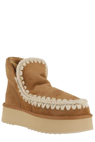 Mou Mini Eskimo Beige Ankle Boots With Logo Patch On The Rear In Leather And Suede Woman In Neutral