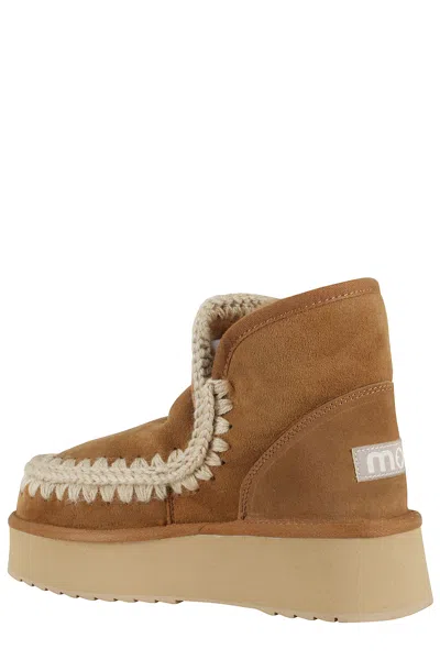 Mou Mini Eskimo Beige Ankle Boots With Logo Patch On The Rear In Leather And Suede Woman In Neutral