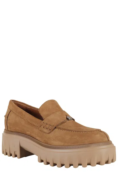 Hogan Nubuck Loafers With Hand-stitched Detailing In Brown