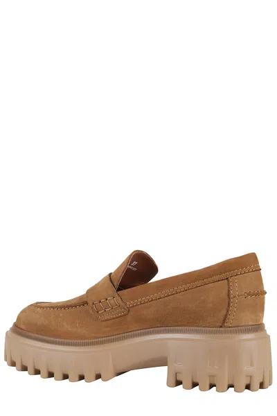 Hogan Nubuck Loafers With Hand-stitched Detailing In Brown