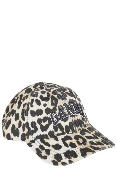 Ganni Leopard-print Canvas Baseball Cap Women In Black