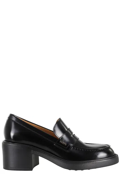 Tod's Leather Loafers With Round Toe And Block Heel In Animal Print