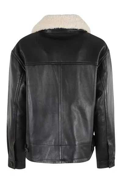 Seventy Shearling-collared Leather Jacket With Button Closure In Black