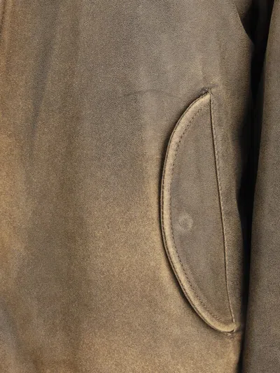 Golden Goose Brown Jacket With Sleeve Pocket And Distressed Effects In Leather Woman In Green