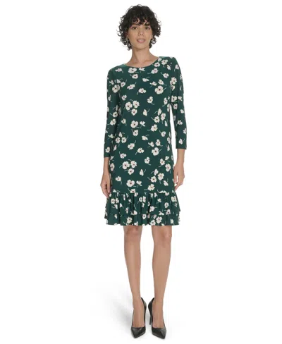 Tommy Hilfiger Women's Crewneck Printed Ruffled Hem Dress In Green