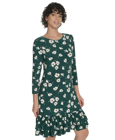 Tommy Hilfiger Women's Crewneck Printed Ruffled Hem Dress In Green