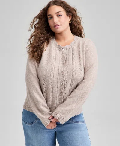 And Now This Trendy Plus Size Pointelle Knit Cardigan, Macy's Exclusive In Neutral