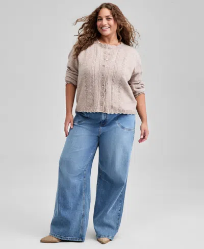 And Now This Trendy Plus Size Pointelle Knit Cardigan, Macy's Exclusive In Neutral