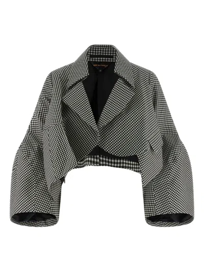Comme Des Garçons Vichy Patterned Wool Shrug With Dramatic Ruffled Sleeves In Black