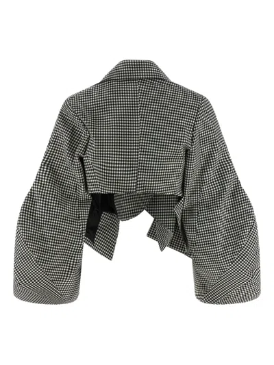 Comme Des Garçons Vichy Patterned Wool Shrug With Dramatic Ruffled Sleeves In Black