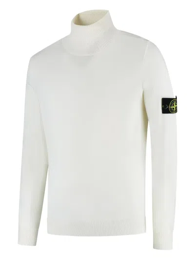Stone Island Fitted Off-white Turtleneck Sweater With Logo Detail In Neutral